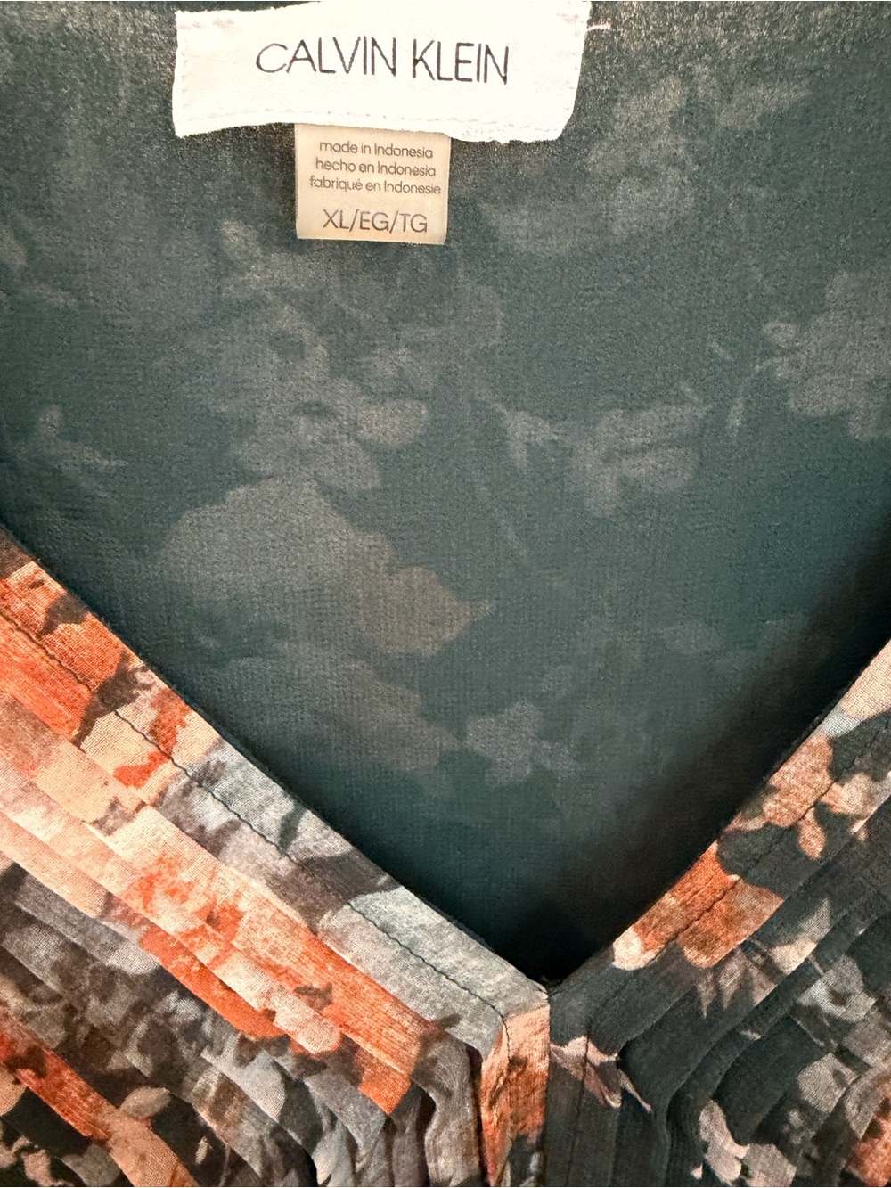 Calvin Klein Chiffon Floral Pleated V-Neck Blouse Green Orange - Size [XL]. EUC - Picture 3 of 11